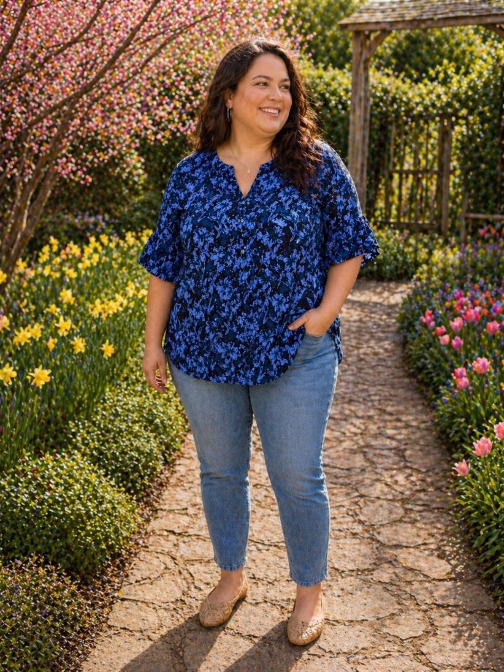 Chico’s Size 3‎ Blue Floral Blouse Top Lightweight Short Sleeve XL 16 18 Boho